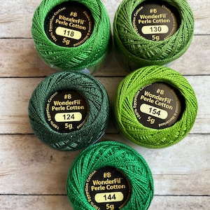 Perle Cotton, Five Color Eat Your GREENS Mix, 8 Wt Eleganza Perle Cotton, Wonderfil 42 yard Balls for Hand Embroidery & Quilting, ships fast
