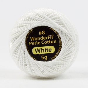 May include: A white ball of WonderFil Perle Cotton thread, size #8, in a 5g spool. The label reads "Double Gassed & Mercerized 100% Egyptian Cotton" and "White".