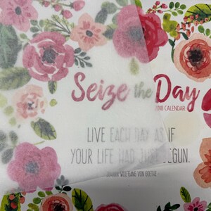 Op de afbeelding: Een kalender voor 2018 met een aquarel bloemenrand in roze, rode en groene tinten. De tekst luidt Seize the Day, Live each day as if your life had just begun en Johann Wolfgang von Goethe. Een doorschijnend vel ligt over de pagina heen.