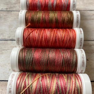 May include: Five spools of Sulky thread in shades of red, orange, green, and gold. The thread is variegated and has a subtle shimmer. The spools are labeled with the Sulky brand name and the thread art number.