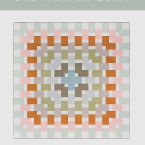 May include: A Geo Weaver quilt pattern with a woven design in shades of pink, orange, green, gray, and blue. The quilt pattern is beginner-friendly, as indicated by the text at the bottom of the image.