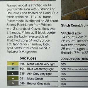 May include: A close-up of a printed page with text detailing cross-stitch instructions. The text includes stitch counts, fabric types, and floss colors. The page also lists DMC and Cosmo floss numbers and colors.