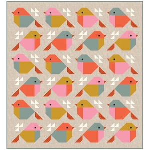May include: A geometric pattern of colorful birds on a beige background. The birds are made up of squares and triangles in shades of pink, orange, yellow, and blue.