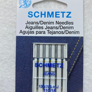 May include: A package of 5 Schmetz Jeans needles, size 130/705 H-J and 110/18, for sewing denim.