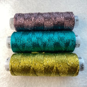 8wt DAZZLE Peacock Mix, Rayon Metallic 50 yard spools, Wonderfil Dazzle Embellishment Thread, Mix of 3 Sue Spargo Threads