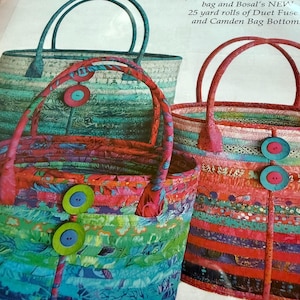 May include: A sewing pattern for Camden Bags featuring three tote bags made from colorful fabric strips. The bags are decorated with large buttons. The text includes dimensions for large, medium, and small bags, and mentions Bosal's Duet Fuse.