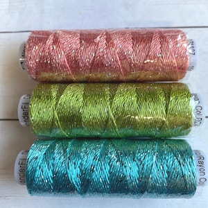 8wt DAZZLE by Wonderfil ™ , Three Color PASTELS Mix, Rayon Metallic 50 yard spools, shiny lEmbellishment Thread, Mix of 3 Sue Spargo Threads