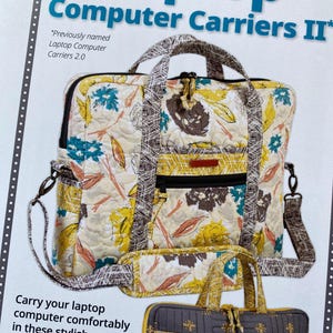 May include: Two laptop computer carriers. The larger carrier is a floral print with a brown strap. The smaller carrier is a gray and yellow geometric print. Both carriers have zippers and handles. Laptop Computer Carriers II. *Previously named Laptop Computer Carriers 2.0.