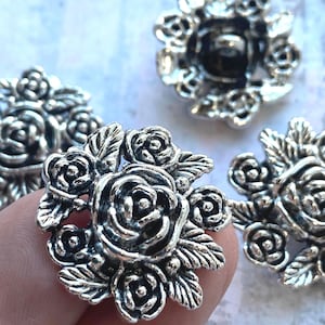 FLOWER Buttons, Silver Rose metal buttons, 24mm heavier weight, Choose 2, 4 or 8, dimensional domed floral leaf pewter buttons, ships fast