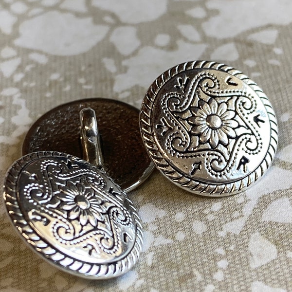 Silver metal buttons,  Choose 10, 15, or 20, 15mm buttons, thin lightweight silver metal buttons, with stamped floral design, we ship fast