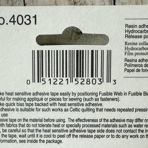 May include: A white product label with the text "Art No. 4031" and a barcode. The label lists features and instructions for use, including making heat-sensitive adhesive tape for sewing and quilting projects.