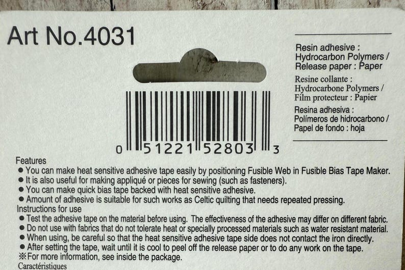 May include: A white product label with the text "Art No. 4031" and a barcode. The label lists features and instructions for use, including making heat-sensitive adhesive tape for sewing and quilting projects.