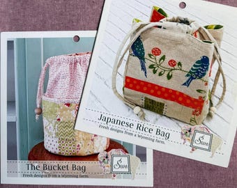 JAPANESE Rice Bag or BuCKET Bag from Sewn Wyoming Folded Card Stock Patterns to sew handmade drawstring bags by Rana Heredia FaST Ship