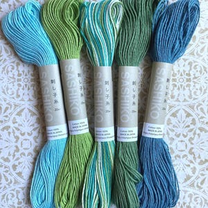 SALE Olympus Cotton Sashiko Thread, 5 GREEN BLuE colors, 20M per skein, SaVE on Bundle Big Stitch Quilting,Embroidery thread, ships FaST