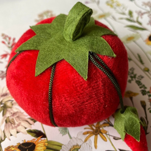 Red Tomato Velvet Pin Cushion, Vintage Style Pin Cushion, Old Fashioned Pin Cushion, vintage like pin cushion, ClassicNeedle SHIPS FAST