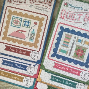 May include: A set of six colorful quilt patterns featuring sewing-themed illustrations. Each pattern is titled with a sewing-related phrase, such as "Iron & Starch" and "Needle & Thread". The patterns are part of the "Quilt Seeds" collection by Lori Holt of Bee in my Bonnet.