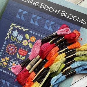 Robin Pickens GATHERING BRIGHT BLooMS Cross Stitch Pattern, Floss bundle option, Confident Beginner, We stock 14 count fabric, FaSt ship