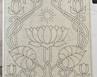 Sashiko SERENITY Preprinted Sashiko Cloth, Lotus Design, 12 Inch Preprinted Cotton Linen Hand Printed Sashiko by artist Ky Fujita