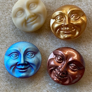 Czech Glass MOON FaCE Button, CHOICE of finishes, Man in the Moon, 18mm celestial button, moved from ClassicElements shop, FasT ship