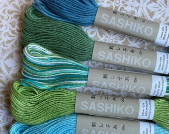 Olympus Sashiko Thread, 5 GREEN BLUE thread colors, 20 Meters per skein, Big Stitch Quilting, Cotton Sashiko Embroidery thread, ships FAST