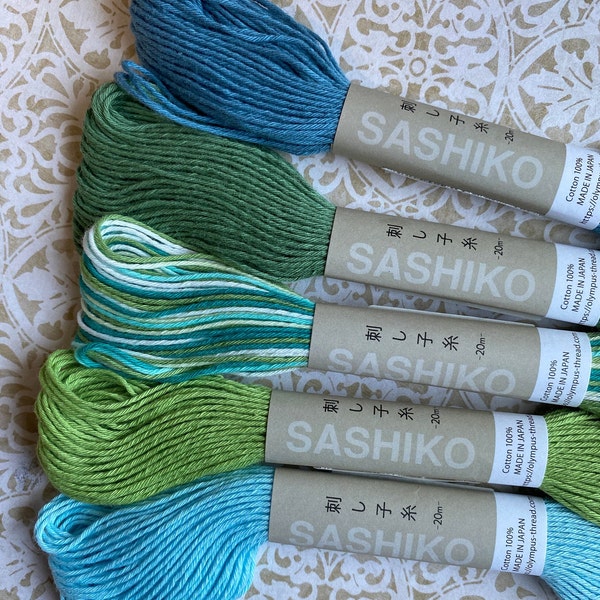 Olympus Sashiko Thread, 5 GREEN BLUE thread colors, 20 Meters per skein, Big Stitch Quilting, Cotton Sashiko Embroidery thread, ships FAST