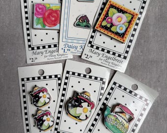 Vintage 1990 DAISY KINGDOM Mary Englebreit carded buttons collectible, teapot buttons 1990 vintage new stock, ships fast