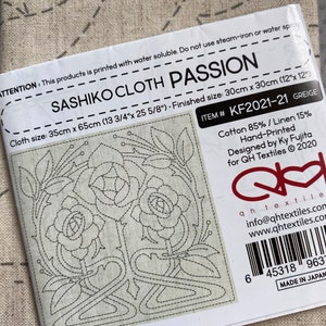 Sashiko PASSION Preprinted Sashiko Cloth, 12 Inch Preprinted Cotton Linen Hand Printed Sashiko, preprinted embroidery, by artist Ky Fujita