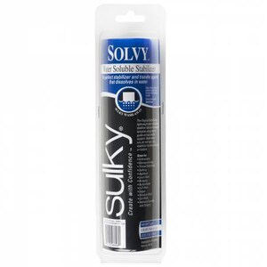 May include: A cylindrical package of Sulky Solvy water-soluble stabilizer. The label is primarily black and blue, with white text that reads "SOLVY Water Soluble Stabilizer". The product is in a clear plastic package.