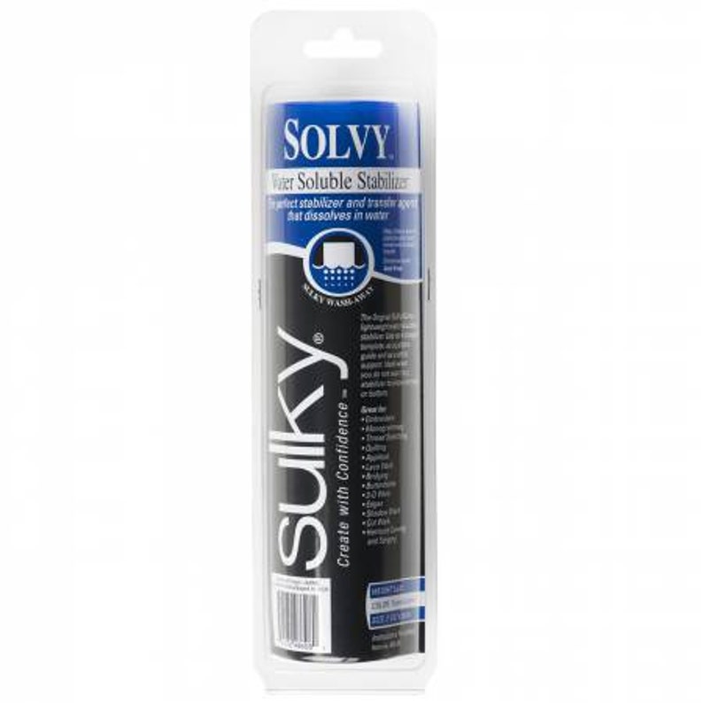May include: A cylindrical package of Sulky Solvy water-soluble stabilizer. The label is primarily black and blue, with white text that reads "SOLVY Water Soluble Stabilizer". The product is in a clear plastic package.