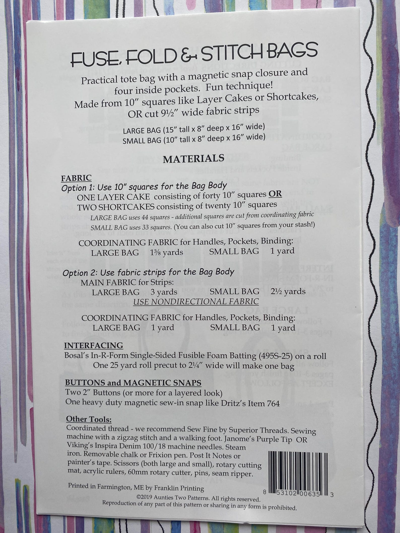 Aunties Two Fuse and Fold Pattern, 2 Sizes, Large Bag Pattern, Whole ...