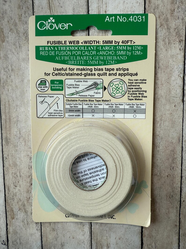 May include: Clover fusible web tape for making bias tape strips. The package includes a roll of 5mm wide tape, with instructions for use. The product is designed for Celtic and stained-glass quilt and appliqu&eacute; projects.