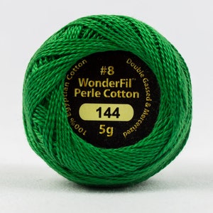 May include: A green ball of size 8 WonderFil Perle Cotton thread, 100% Egyptian cotton, double gassed and mercerized. The label indicates it is 144 meters long and weighs 5 grams.