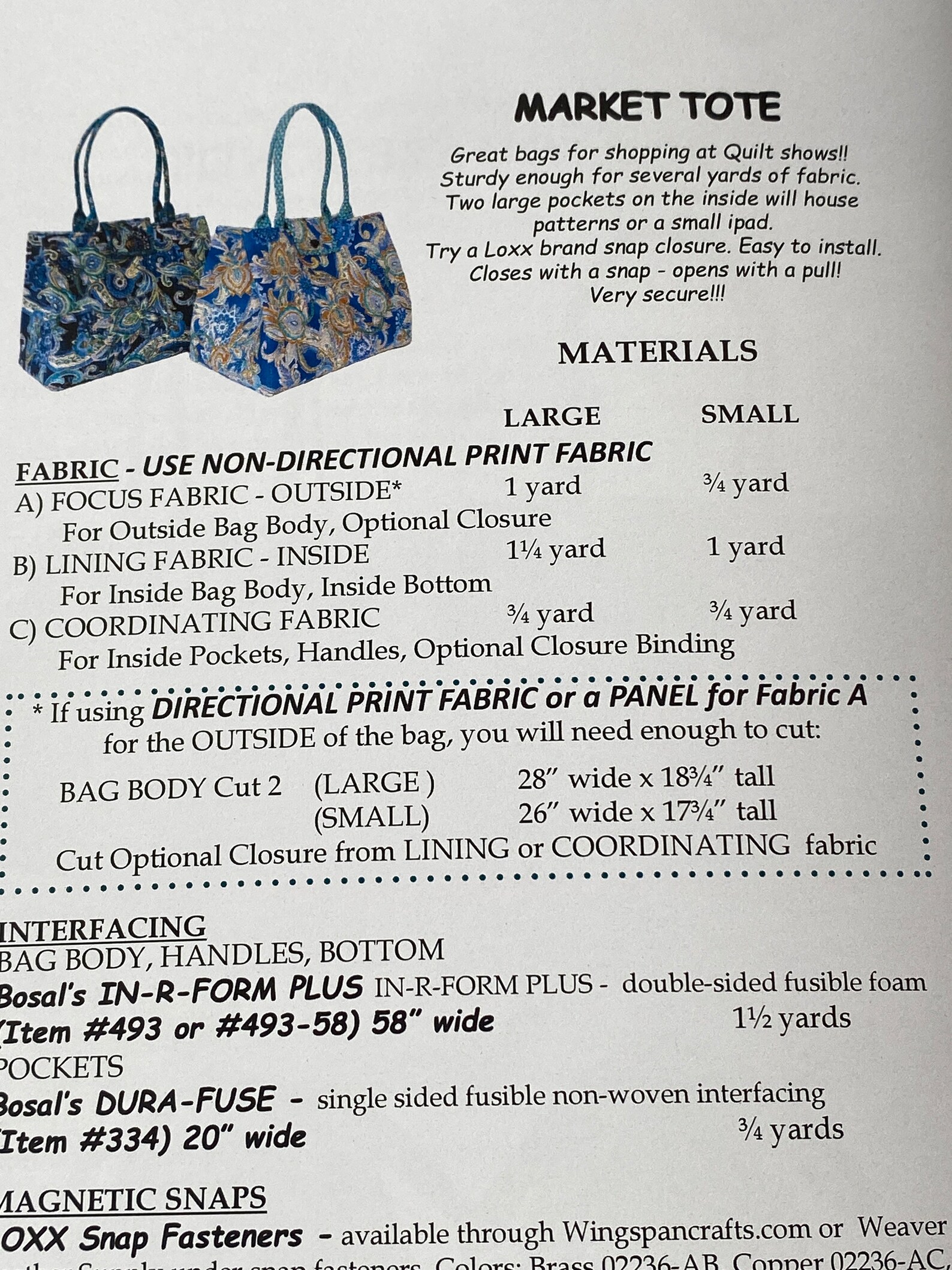 Aunties Two MARKET TOTE Pattern, 2 Sizes, Large Bag Pattern, Whole ...