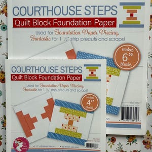 May include: Two packages of Courthouse Steps Quilt Block Foundation Paper. The larger package makes 6-inch blocks, and the smaller package makes 4-inch blocks. The paper is used for foundation paper piecing and is fantastic for 1 1/2" strip precuts and scraps.