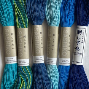 Olympus Sashiko Thread, 6 AQUA BLUE thread colors, 20 Meters per skein, Big Stitch Quilting, Cotton Sashiko Embroidery thread, ships FAST