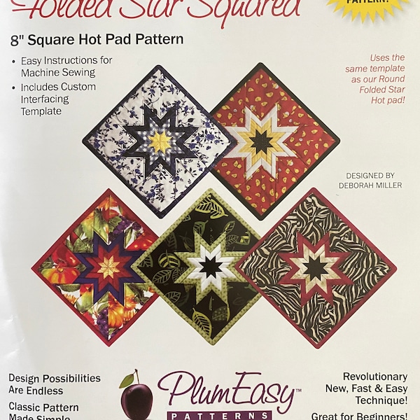 Folded Star, PlumEasy 8" Square Hot Pad Pattern comes w/ 1 Template, OPTION for 3 or 12 Extra Templates PLEASE Read, Amish Star, ships FAST