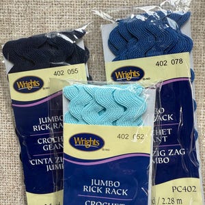 JUMBO Blue Rick Rack, BLUES mix or individually, .625 inches wide. 2.5 yds pkg Wrights Trims, trim for quilt & craft projects, fast ship