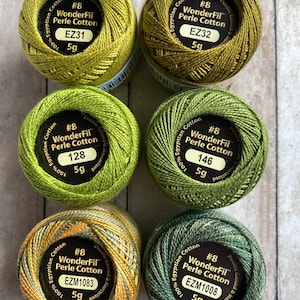 8wt Perle Cotton, EARTHY GREENS Mix, Eleganza ™  by Wonderfil, 8wt Cotton 42 yard Balls for Embroidery & Big Stitch Quilting,  we ship FAST