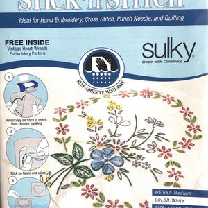 May include: A package of Sulky Stick 'n Stitch printable stabilizer for embroidery, cross stitch, and quilting. The white packaging features instructions, a floral pattern, and specifies 12 sheets measuring 8.5 inches by 11 inches.