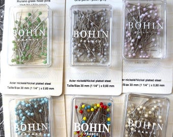 BOHIN Murano Glass Head Pins, 6 color choices, 30mm or 1.25 inches, 80 piece package, very sharp fine .6mm pins, heat resistant glass