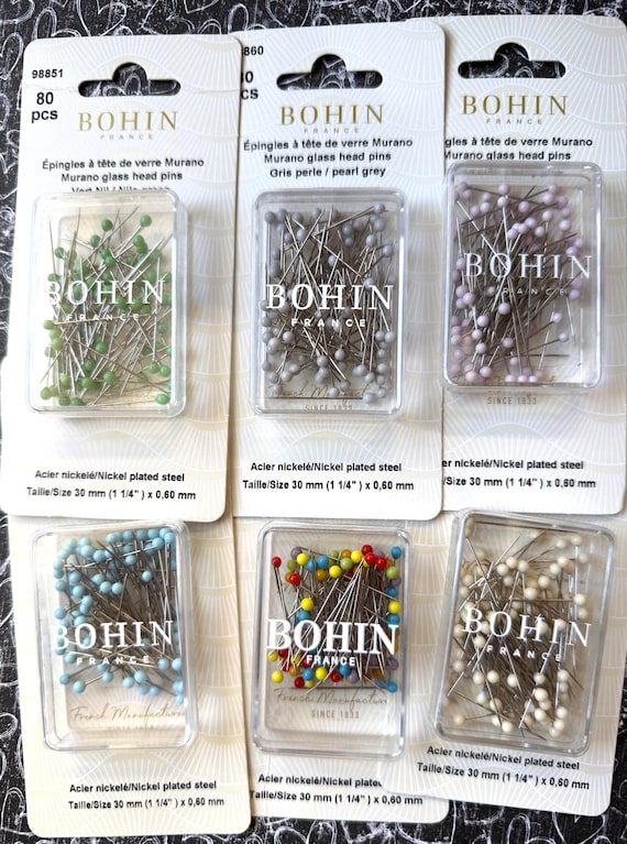 BOHIN Murano Glass Head Pins, 6 color choices, 30mm or 1.25 inches, 80 piece package, very sharp fine .6mm pins, heat resistant glass