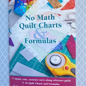 May include: A book titled "No Math Quilt Charts & Formulas" with a yellow rotary cutter and fabric scraps on the cover. The book promises quick, easy, and accurate carry-along reference guide with 16 quilt charts and formulas. It also includes at-a-glance yardage requirements for triangles, squares, setting blocks, and more.