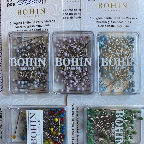 BOHIN Murano Glass Head Pins, 5 color choices, 30mm or 1.25 inches, 80 pieces per package, very sharp fine .6mm pins, heat resistant glass