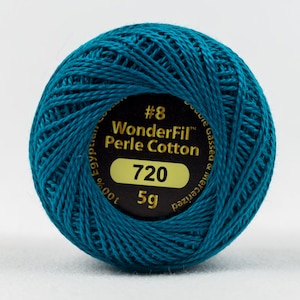 May include: Teal blue ball of WonderFil Perle Cotton thread, size #8, 720, 5g. 100% Egyptian cotton, mercerized & gassed.