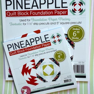 May include: Two packages of Pineapple Quilt Block Foundation Paper. The larger package makes 6" blocks, and the smaller package makes 4" blocks. The paper is used for foundation paper piecing and is fantastic for 1 1/2" strip precuts and scraps.