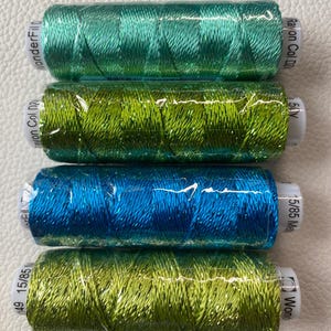 8wt DAZZLE by Sue Spargo PARAKEET Mix, Four Color Rayon Metallic 50 yd spools, Wonderfil ™  Dazzle shine with subtle metallic accent