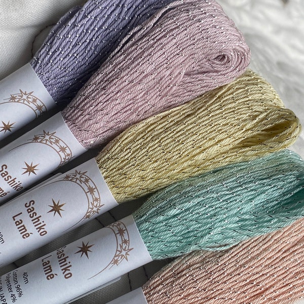 Olympus LAME' SASHIKO Thread with a little sparkle, 40M per skein, FIVE Colors or the Mix of 5, cotton poly metallic thread, We ship FaST