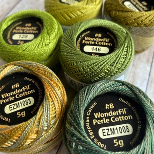 8wt Perle Cotton, EARTHY GREENS Mix, Eleganza ™  by Wonderfil, 8wt Cotton 42 yard Balls for Embroidery & Big Stitch Quilting,  we ship FAST