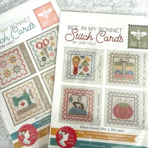 STITCH CARDS by Lori Holt, SET P or Z, Both sets of 4 Cross Stitch Patterns are Sewing themed stitchery, notions iron thread, FaST ship