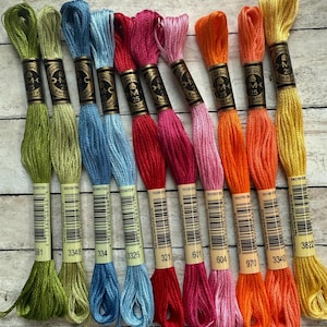 May include: A collection of DMC embroidery floss in various colors, including green, blue, red, pink, orange, and yellow. Each skein is labeled with a number and brand information. The floss is arranged in a visually appealing display, perfect for craft projects.